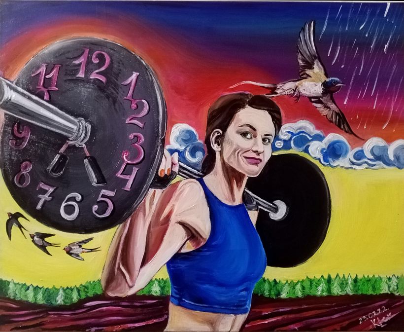 This is my friend and schoolmate Sasha Sylka, a crossfit trainer. And the painting is called Quantum gravity.