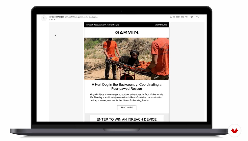 An example of Garmin's e-commerce newsletter, sharing related thinkpieces and blogs, customer stories, behind-the-scenes.