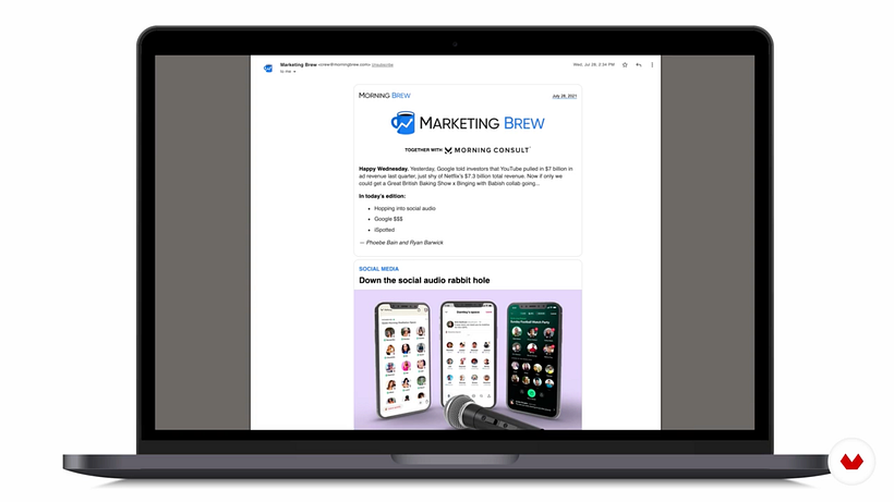 An example of a curated newsletter from Marketing Brew sharing useful and relevant content from around the internet.