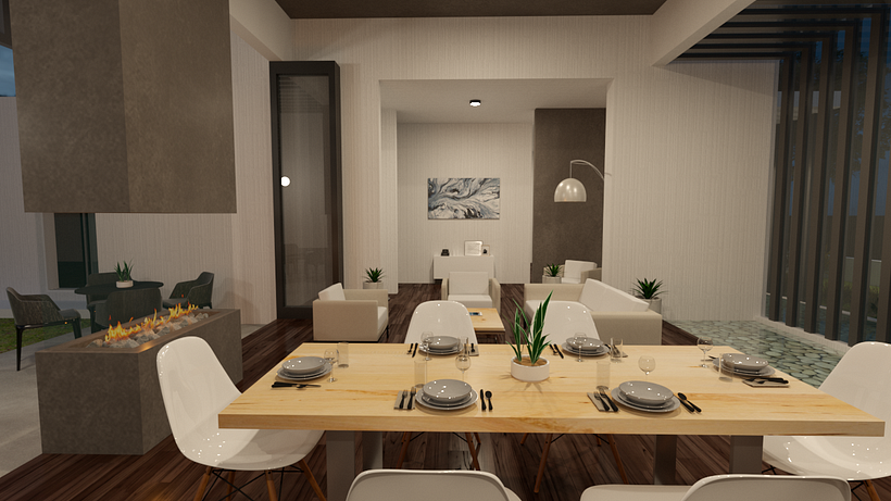 Imagen interior de comedor y sala de estar