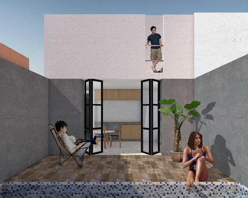 Imagen de patio interior. La técnica es collage sobrepuesto de un render de blanco para aprovechar las sombras