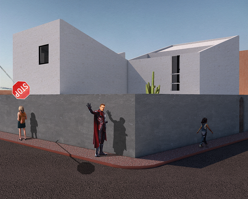 Imagen de calle exterior. La técnica es collage sobrepuesto de un render de blanco