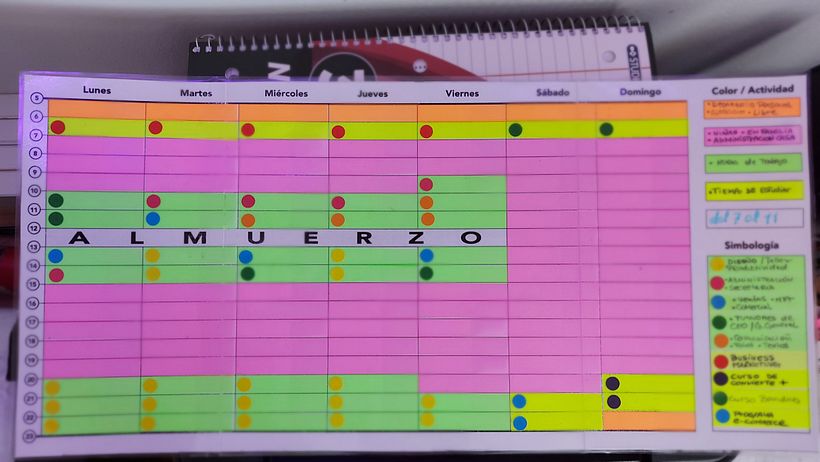 He plastificado el horario semanal para ahorrar en impresión y en post-it.