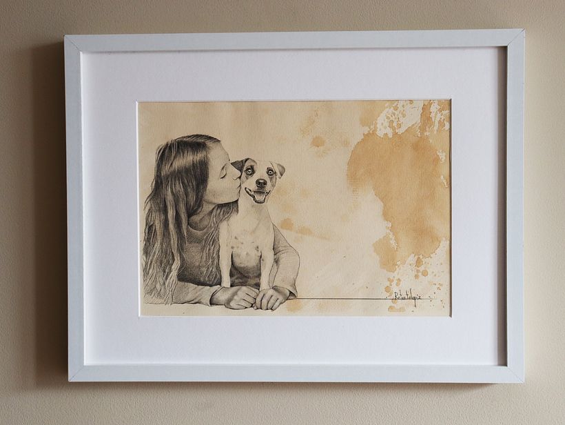 retrato a lápiz , niña con perro.