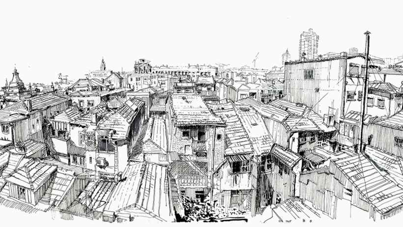 Examples of architectural illustrations by Hugo Barros.