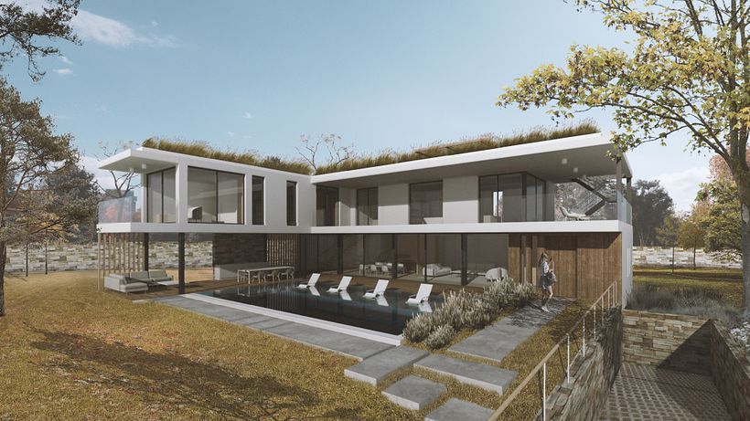 Proyecto de una villa hecho el modelo y el render en Revit