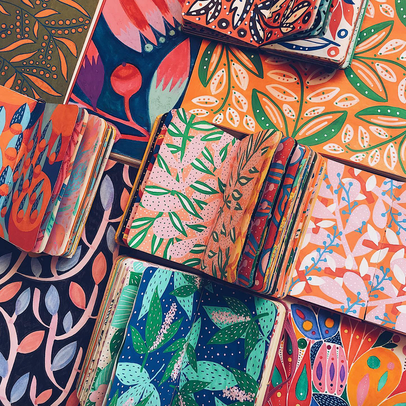 Polina's colorful sketchbooks from her Instagram, @oshupatterns.