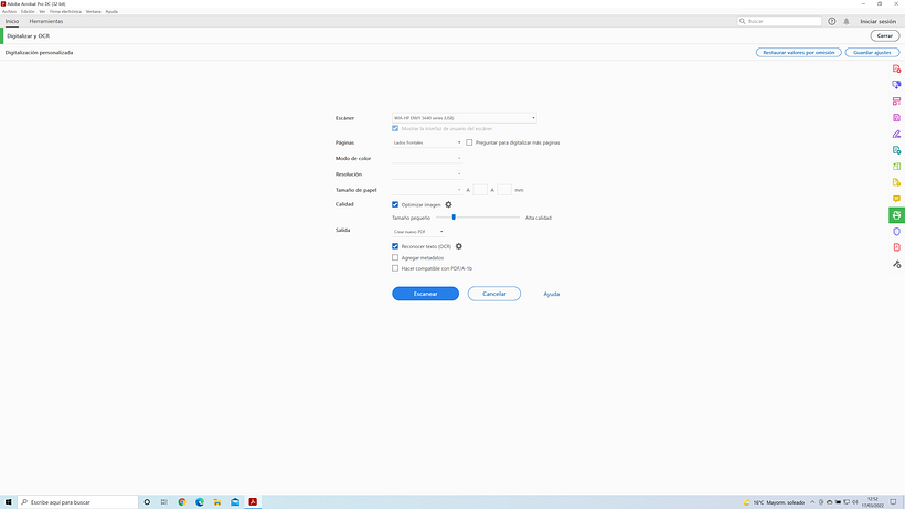 Especificar el tamaño de papel en Adobe Acrobat Pro DC para crear un PDF desde escáner 1