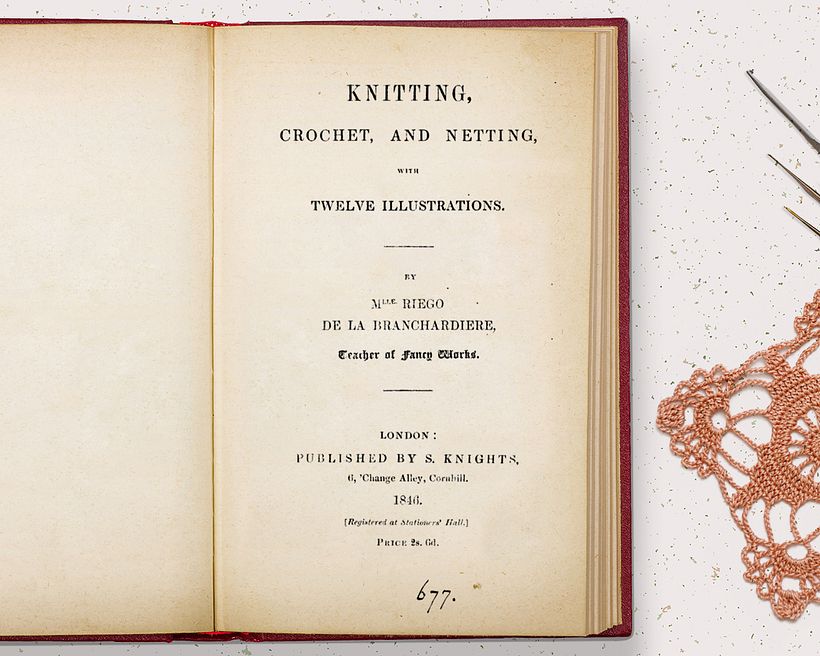 Versión digitalizada de la primera hoja de la primera edición de 'Knitting, Crochet and Netting' de Eléonore. 