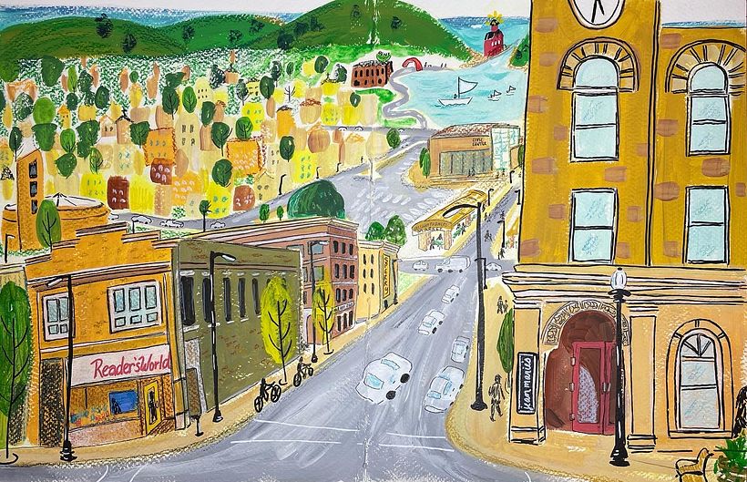 Final Project - Panorama of my neighborhood, downtown Holland, MI USA in Gouache, colored pencil, pen