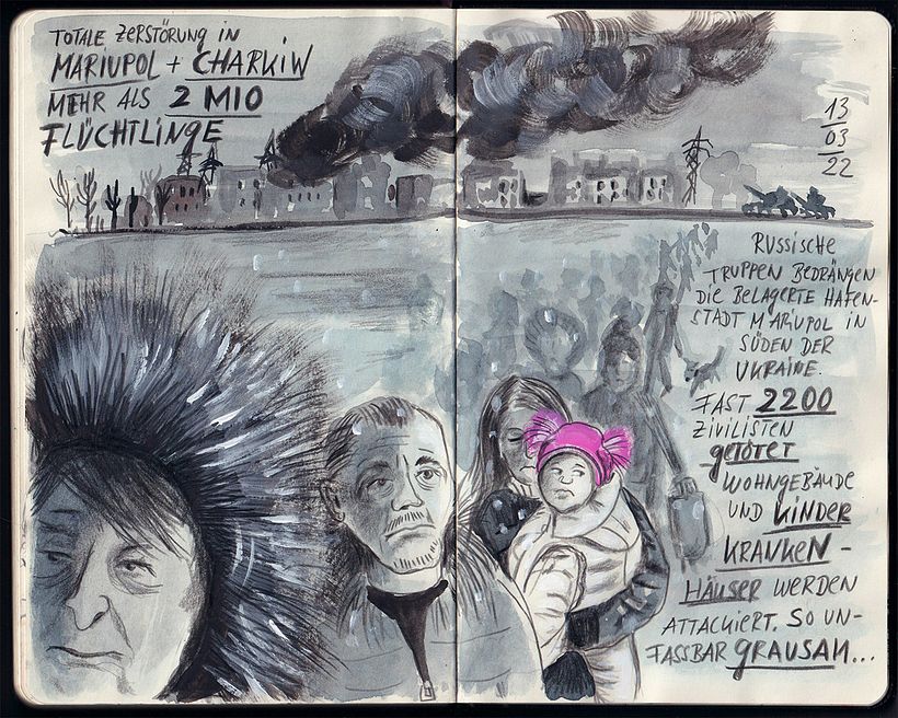 Aus aktuellem Anlass, Skizzenbuch Diary, Krieg Ukraine, mixed media, Faber Pitt, Gouache