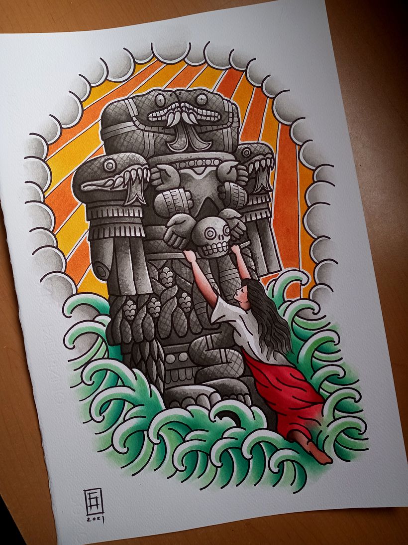 Coyolxauhqui - Acuarela y tinta sobre papel 1