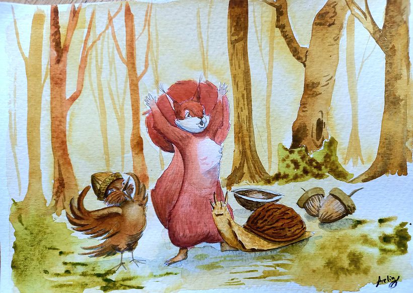this is illustration for my story about a squirrel who makes snail houses and helmets from nut shells.  