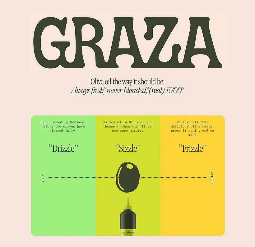 A sample of elements from the Graza website, including their wordmark logo and some of the colorful design elements.