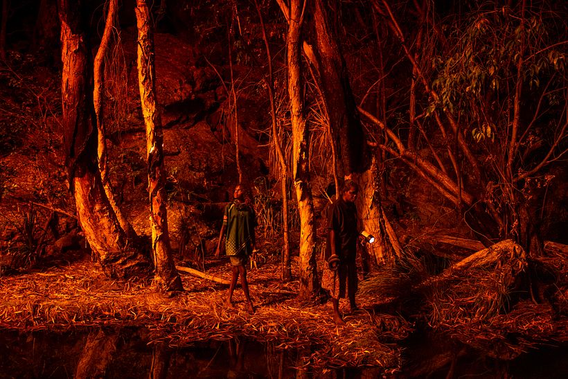 Stacey Lee (left) sets tree bark alight to produce a natural light source to hunt for file snakes. Matthew Abbott, Nat Geo.