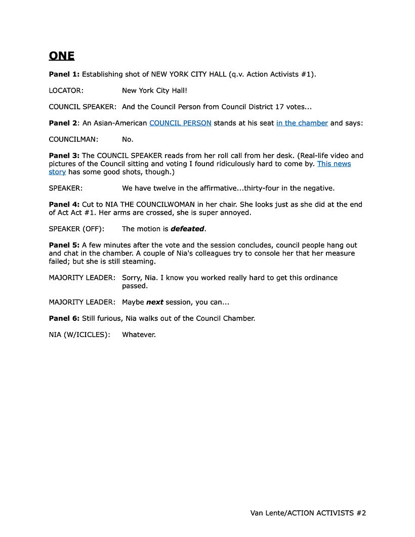 ACTION ACTIVISTS #2, script to page one. These are the kinds of scripts you'll create in my Domestika course.