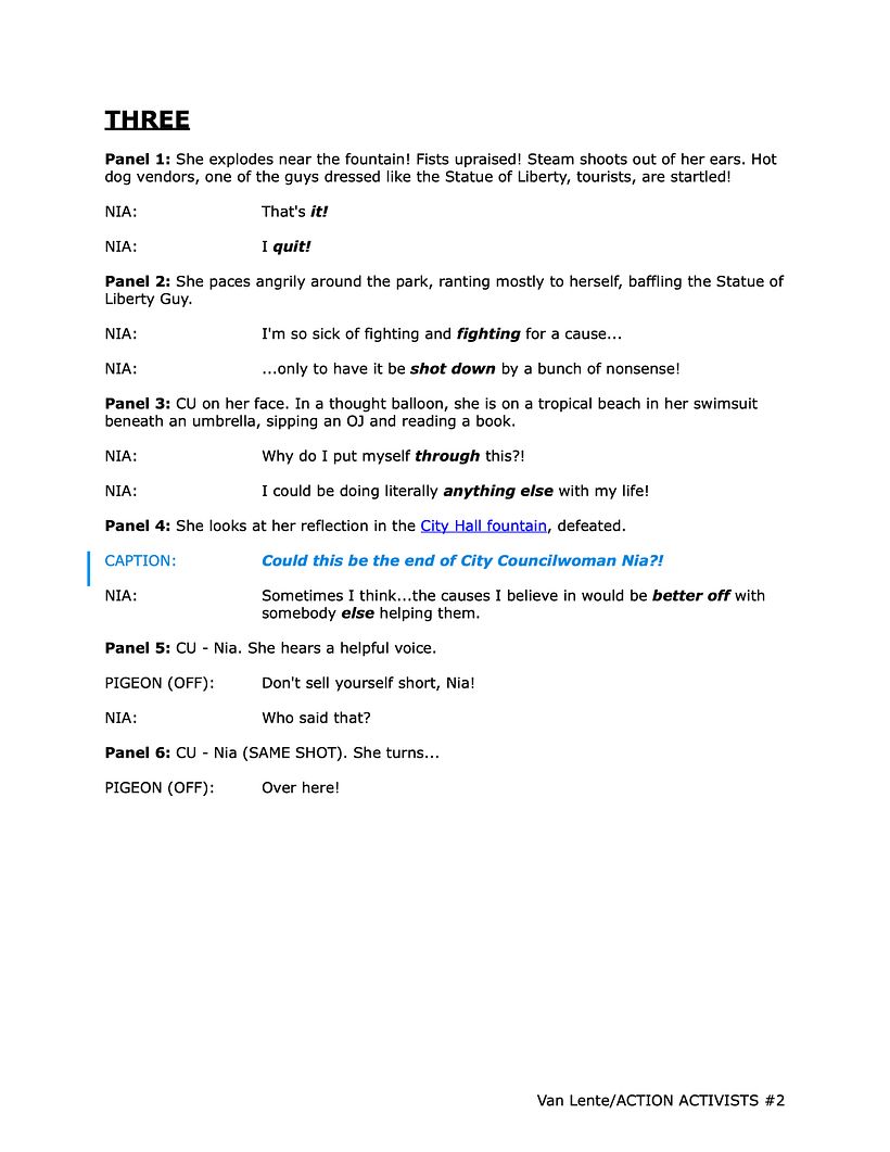 Script for page three. Those (blue) Tracked Changes are from editorial feedback.