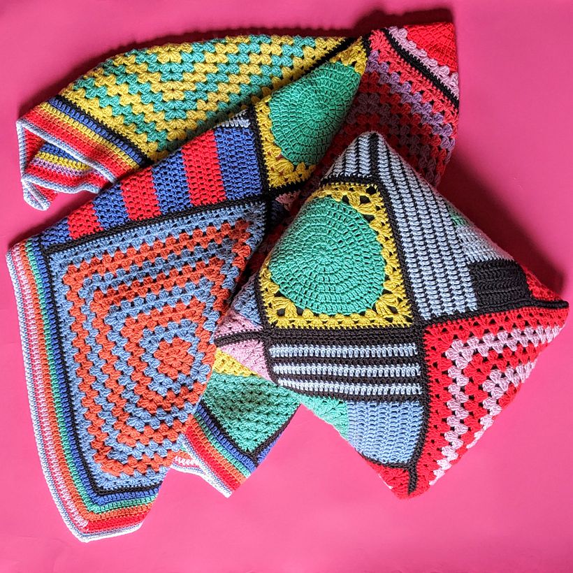Example of crocheted materials using the granny square technique.