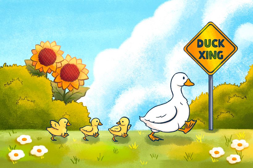 I love drawing green fields, and recently I love drawing ducks!!