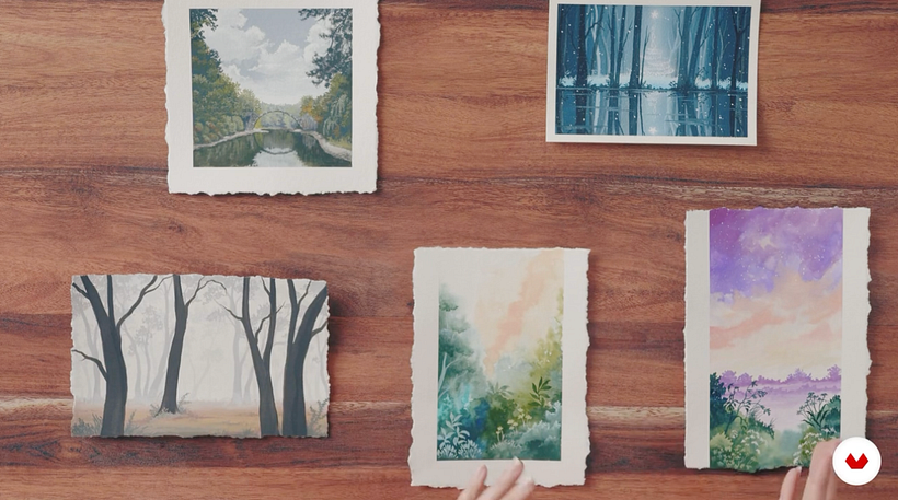 Examples of Ruth's landscapes painted using gouache.