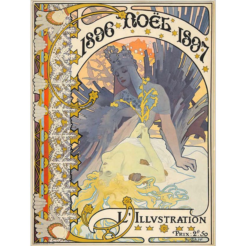 Poster by Alphonse Mucha, in which the lettering appears to be made of branches, and the forms are curved and decorated.