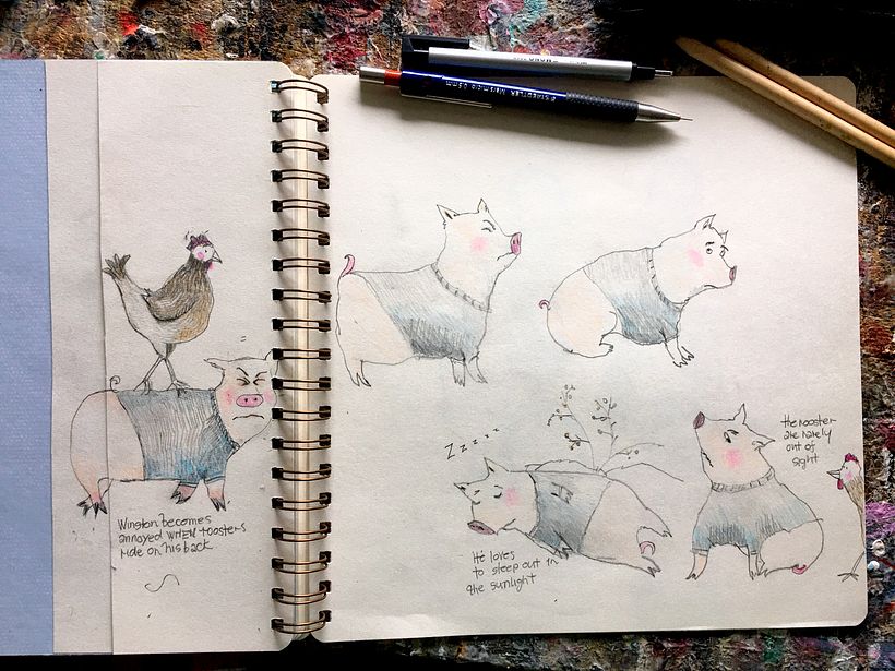my initial characters -Winston the pig and his barn mates 
