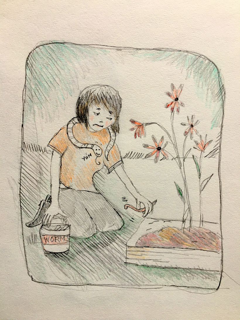 Ivy finds it unpleasant to feed her snake worms -a more detailed illustration