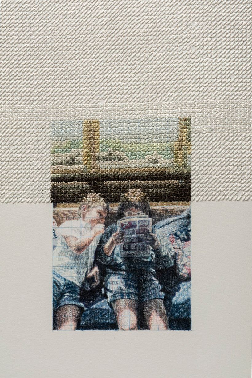 Los tiempos de Condorito. Lápiz a color y bordado sobre libro encuadernado a mano. 62x45cm. 2020