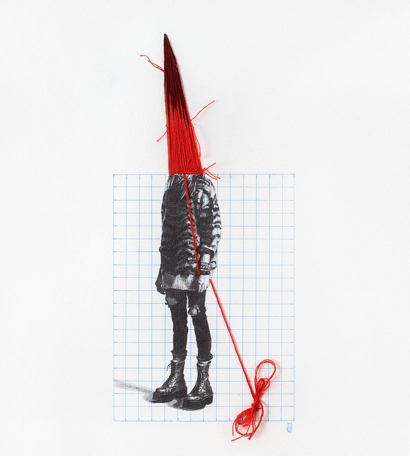 Cono Rojo, Lápiz grafito y bordado sobre papel.35x35. 2019