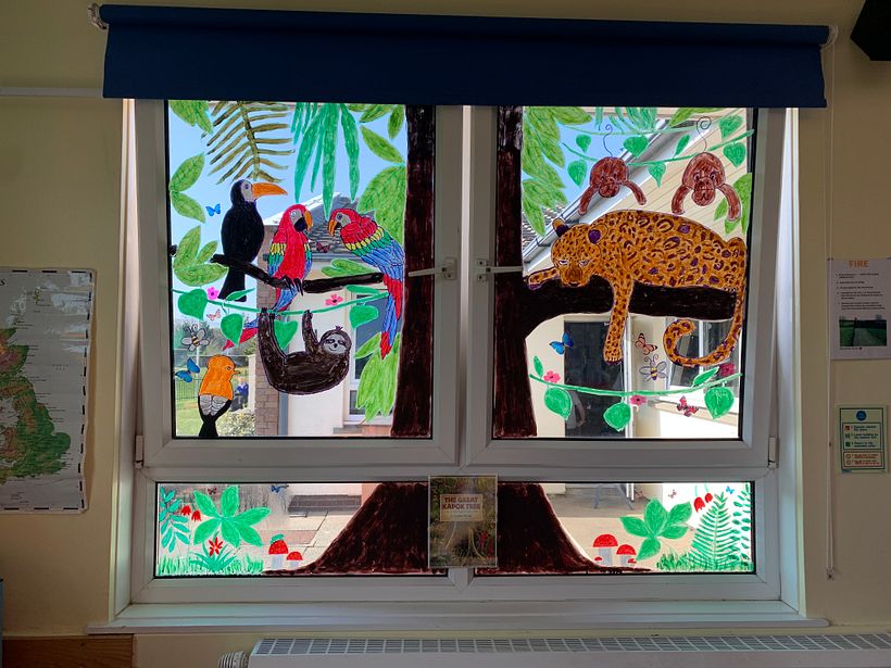 Glass pens & Paint mixed with PVA Glue School Rainforest Project based on a book