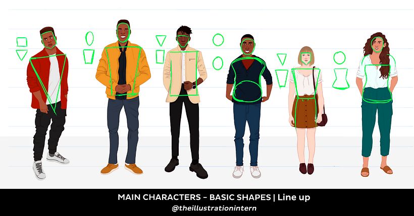 Las formas básicas que usé para diseñar a los personajes de acuerdo a sus personalidades para diferenciarlos unos de otros