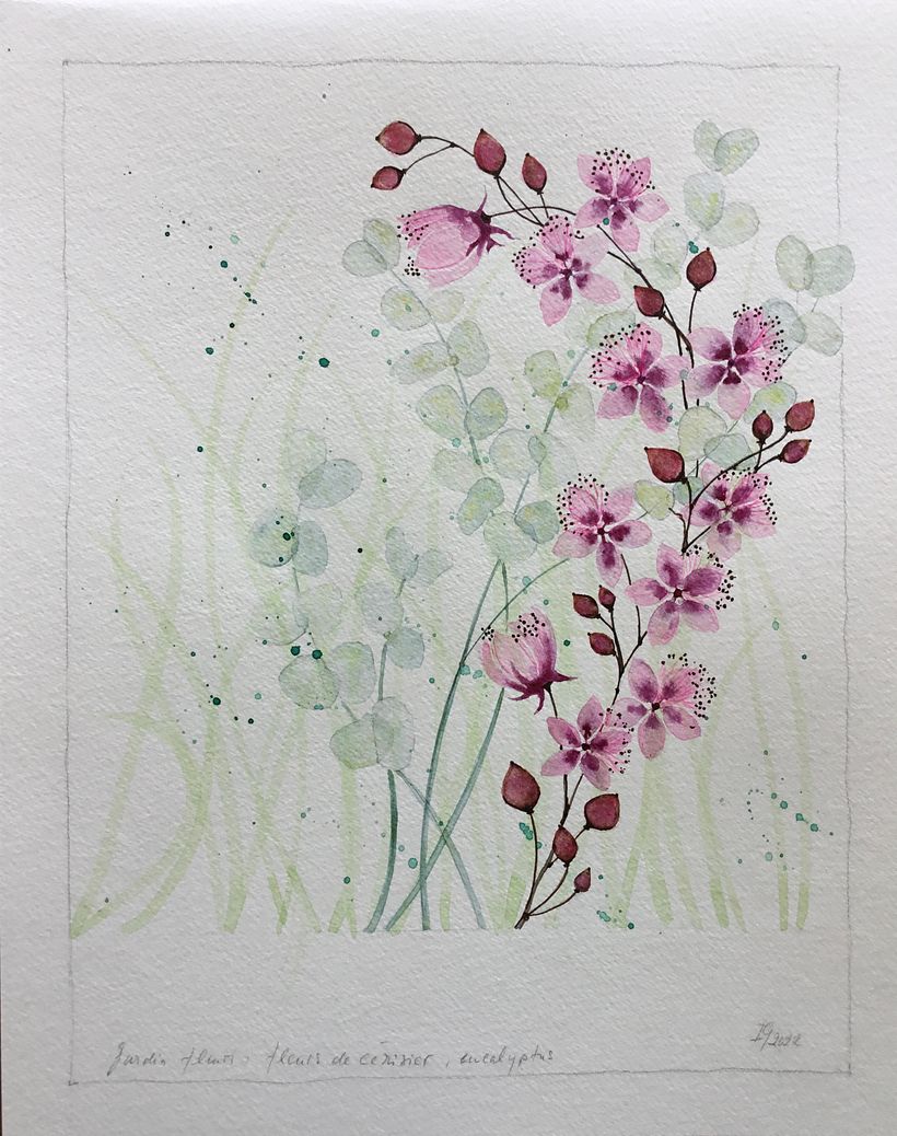 Projet final: jardin fleuri avec fleurs de cerisier et eucalyptus 