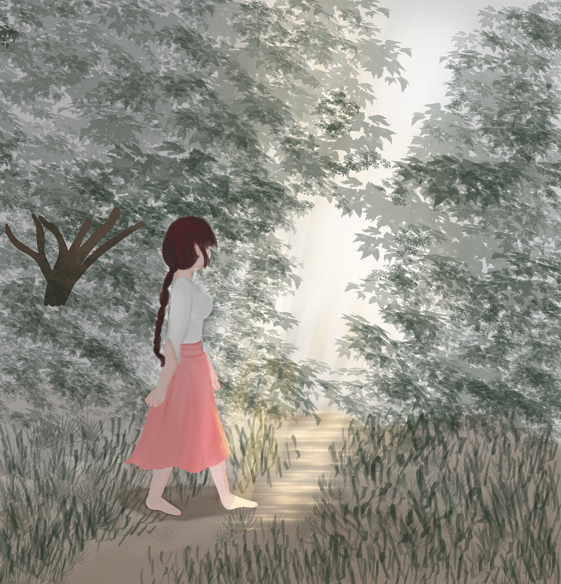 I drew this illustration of a girl finding or looking at a bright path in the dark woods. I thought of many interpretations.