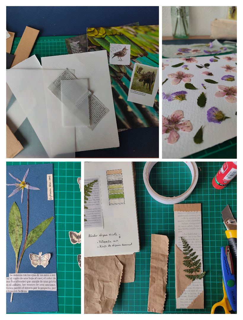 Proceso para confeccionar los separa-hojas o marca-páginas: elegir materiales, probar composiciones y paletas de color ...
