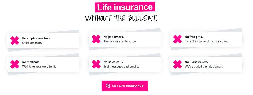 Life Insurance company DeadHappy opted for a bold tone of voice to appeal to a millennial audience. Image via deadhappy.com.