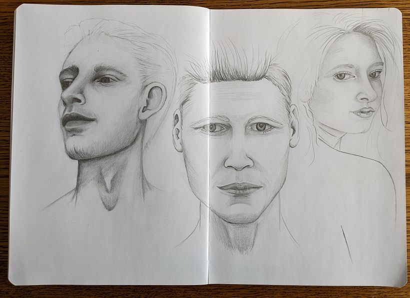Three faces: profile, front and three-quarter view.
