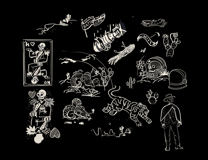 Some of the initial Procreate sketches before bringing them into Illustrator to finalize.