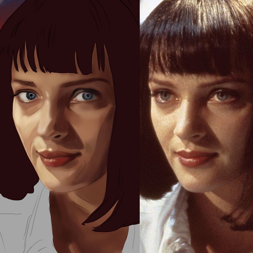 I fade the pencil layer opacity and with the reference close by, pick colours from it and gradually decrease the brush size.