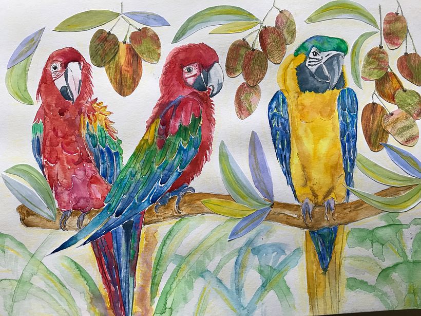 Here I used cut out pieces of paper for mangoes and leaves, also included 3 parrots. Too much?