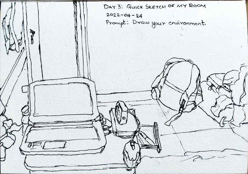 Day 3: Quick sketch of my room; Prompt: Draw your environment