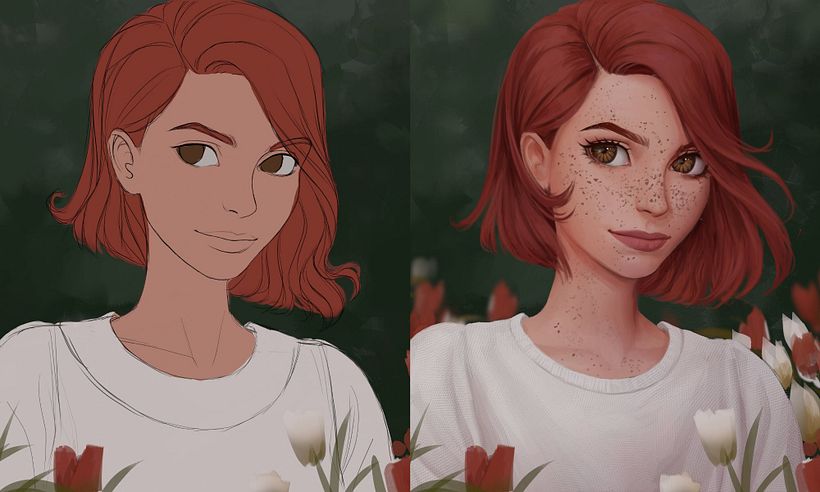 Left: Lineart and Base Colors - Before Rendering | Right: After Rendering