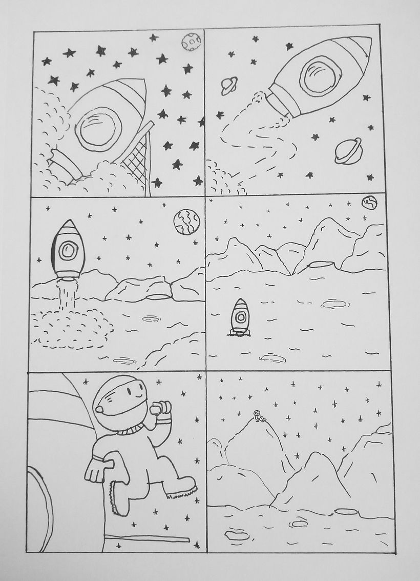 Comic "Viaje a la luna". Hacer un comic que sin usar texto, se sostenga por la narración de cada viñeta y su composición