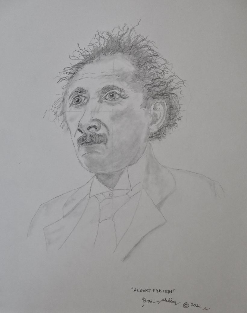 Graphite illustration of a middle-aged Albert Einstein.   © Brad Atchison 2022