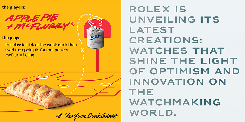 Explore different tones of voice: Fast food brand McDonald's vs luxury watchmaker Rolex. Images: McDonald's / rolex.com.
