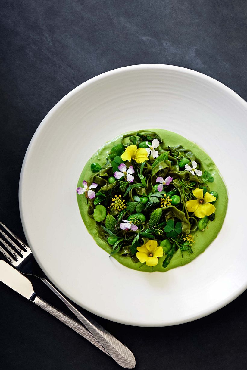 Nothing beats the talent of an exceptional chef or food stylist: Green peas, pistachio yogurt and edible flowers
