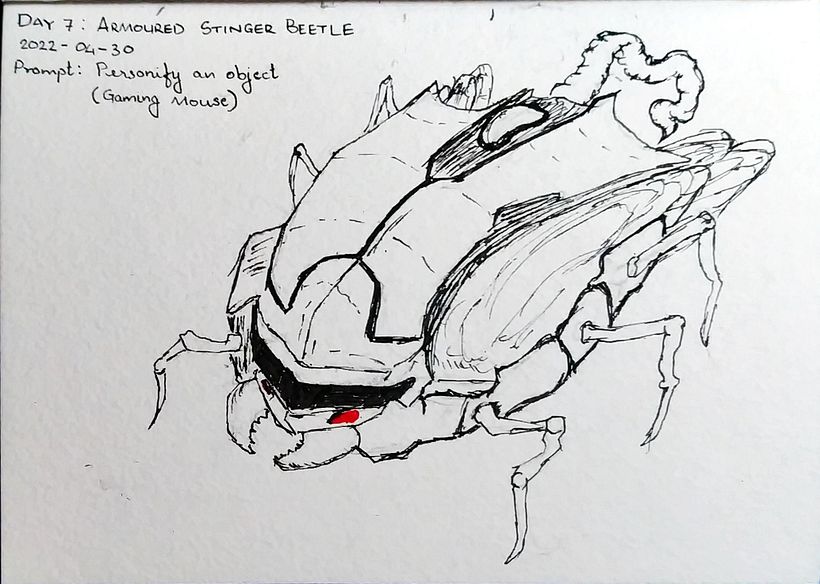 Day 7: Armoured Stinger Beetle; Prompt: Personify an object (Gaming Mouse)