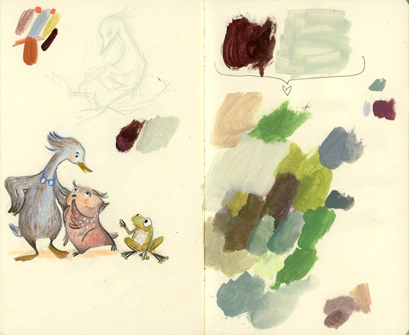 here I was thinking at the colours I might need in the story, and tried my very first line up...