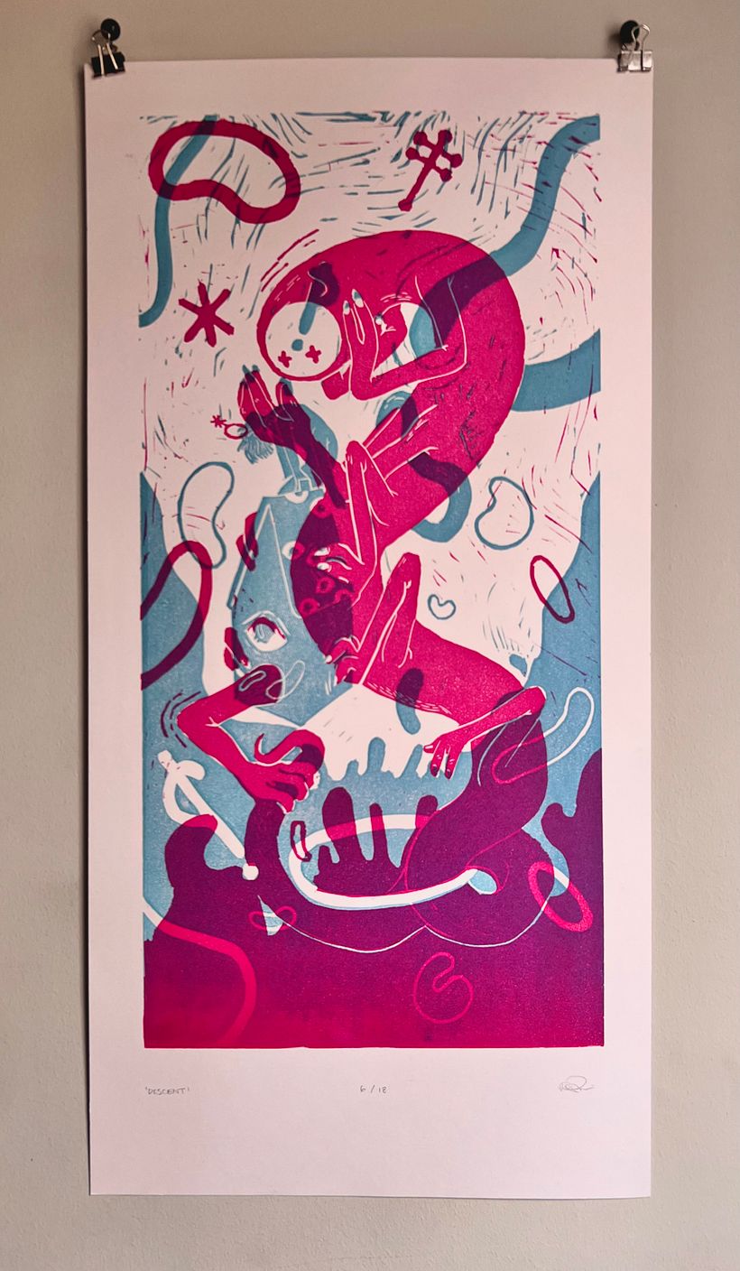 Final Print - 'descent' linocut on paper || block - 9 x 18in || paper - 11 x 22in