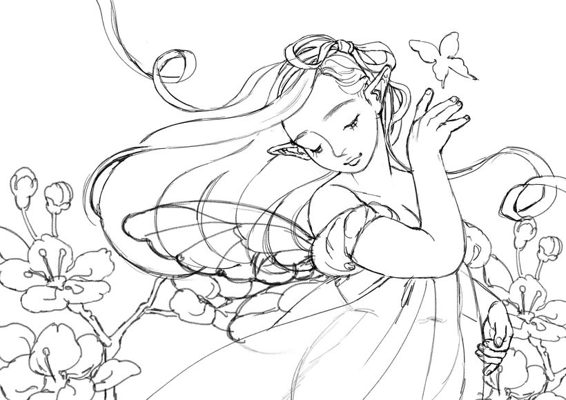 Nettoyage et détails du croquis choisi. Il est prêt à être imprimé et tracé sur la feuille d'aquarelle.