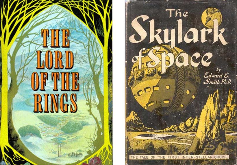 Historische Buchumschläge für Der Herr der Ringe von Tolkien und The Skylark of Space von E. E. Smith.